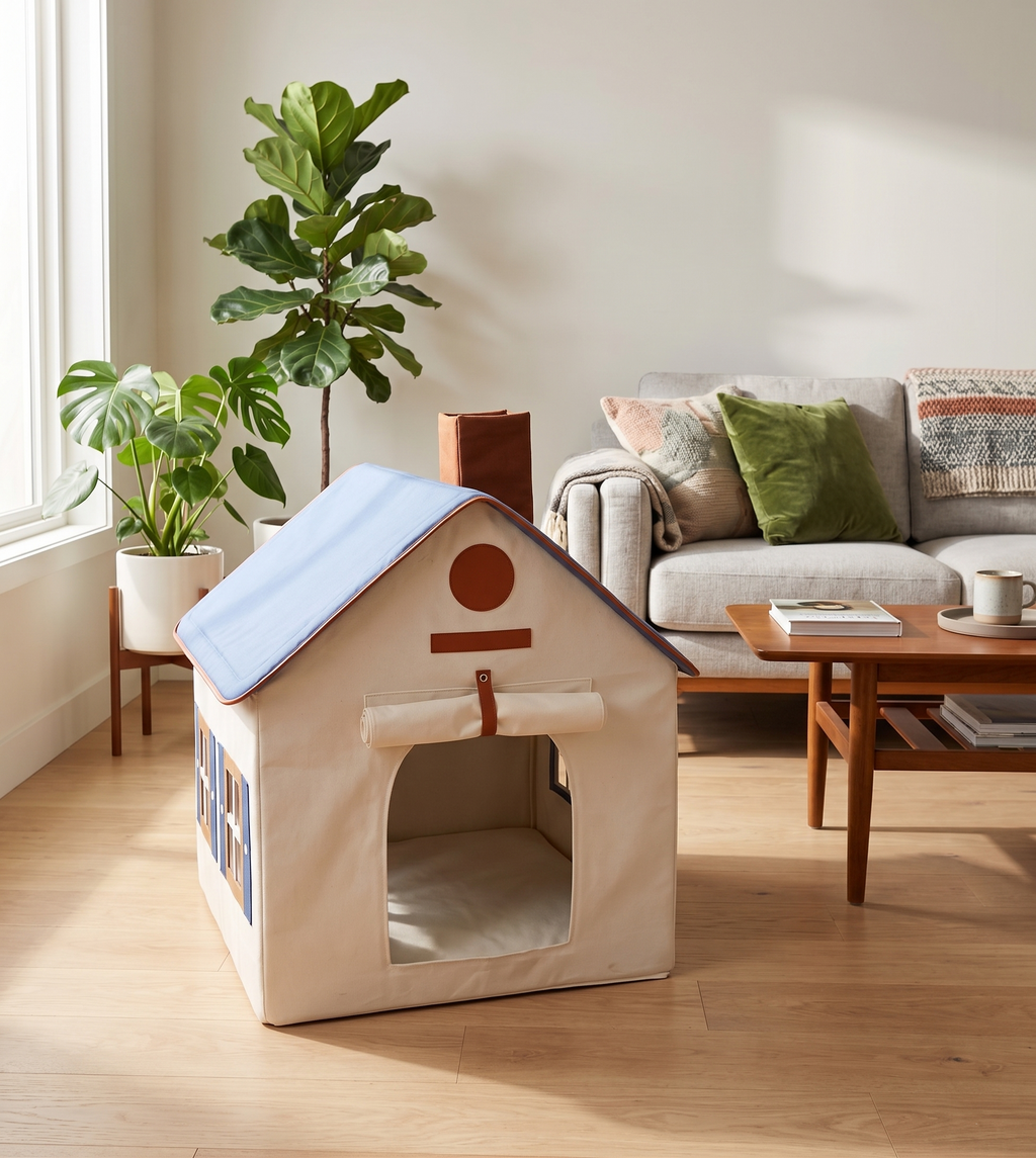 Pet house in a living room with plants and furniture