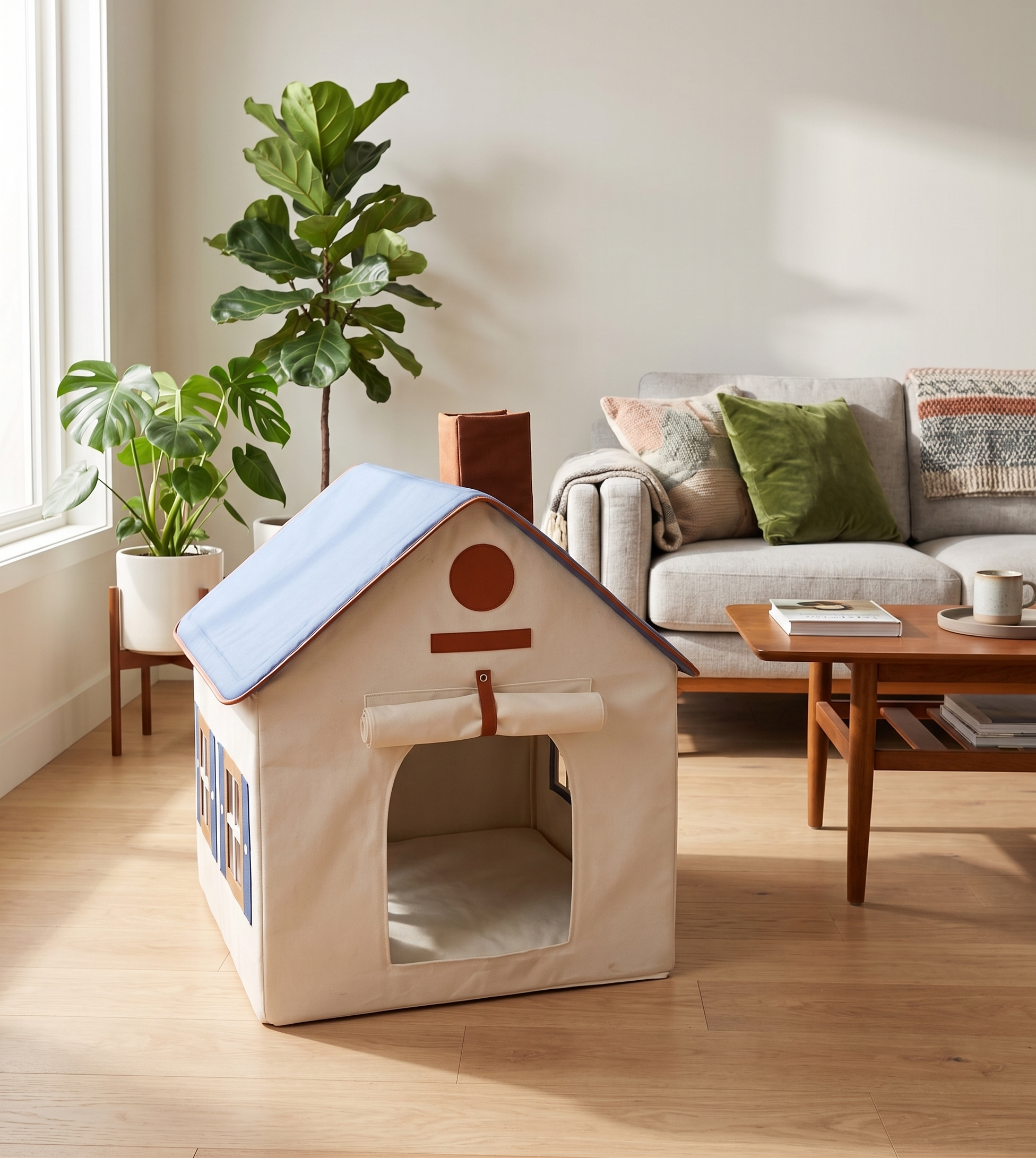 Pet house in a living room with plants and furniture