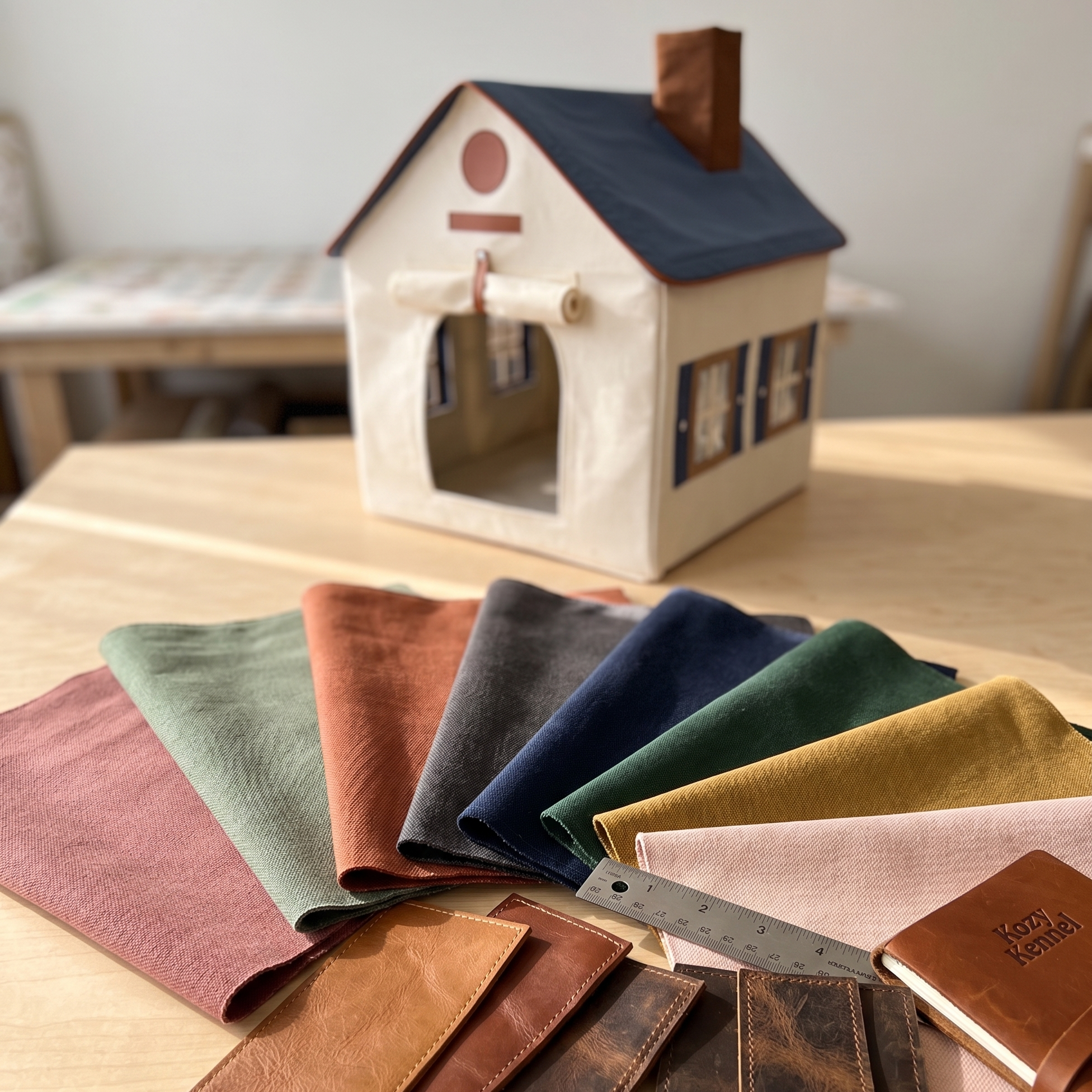 Collection of leather samples in various colors arranged on a wooden surface with a small house model in the background.