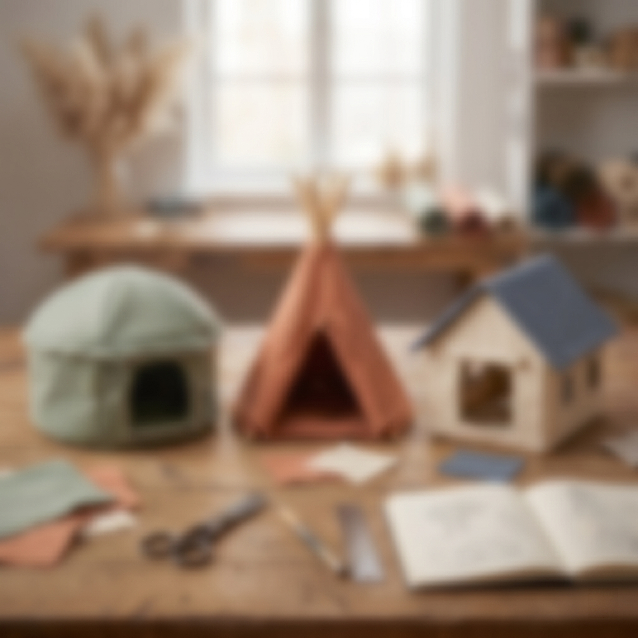 Blurred image of various small structures on a wooden surface with a blurred background