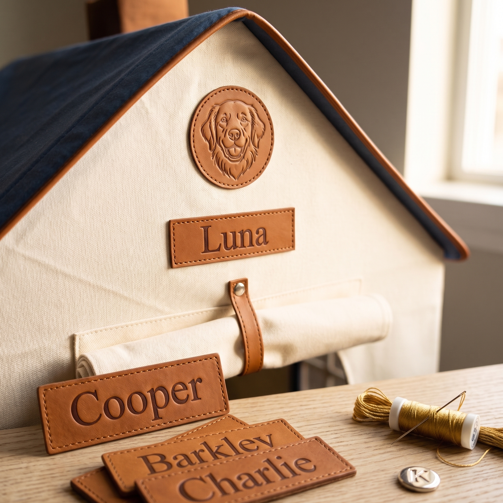 Doghouse with leather nameplates on a wooden surface