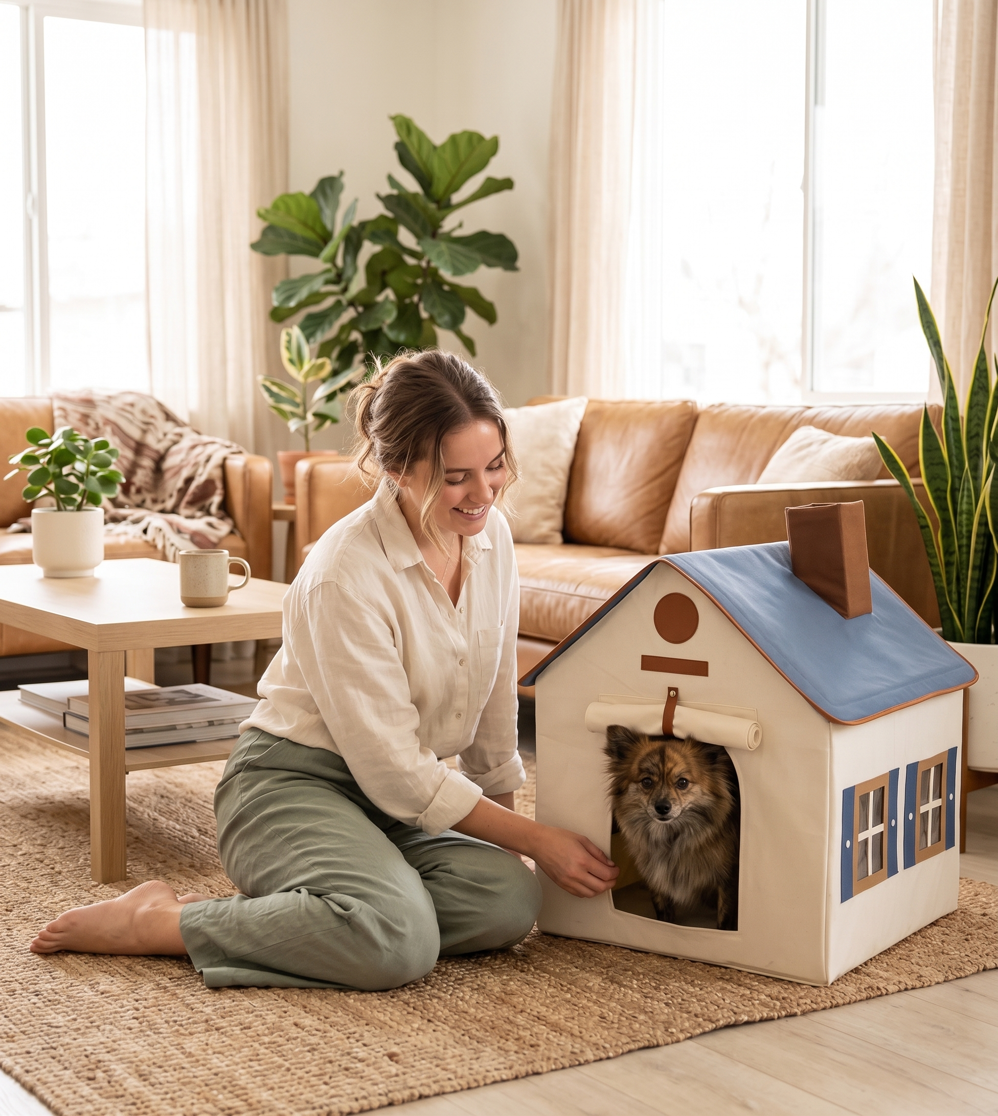 Woman interacting with a dog inside a pet house in a cozy living room.