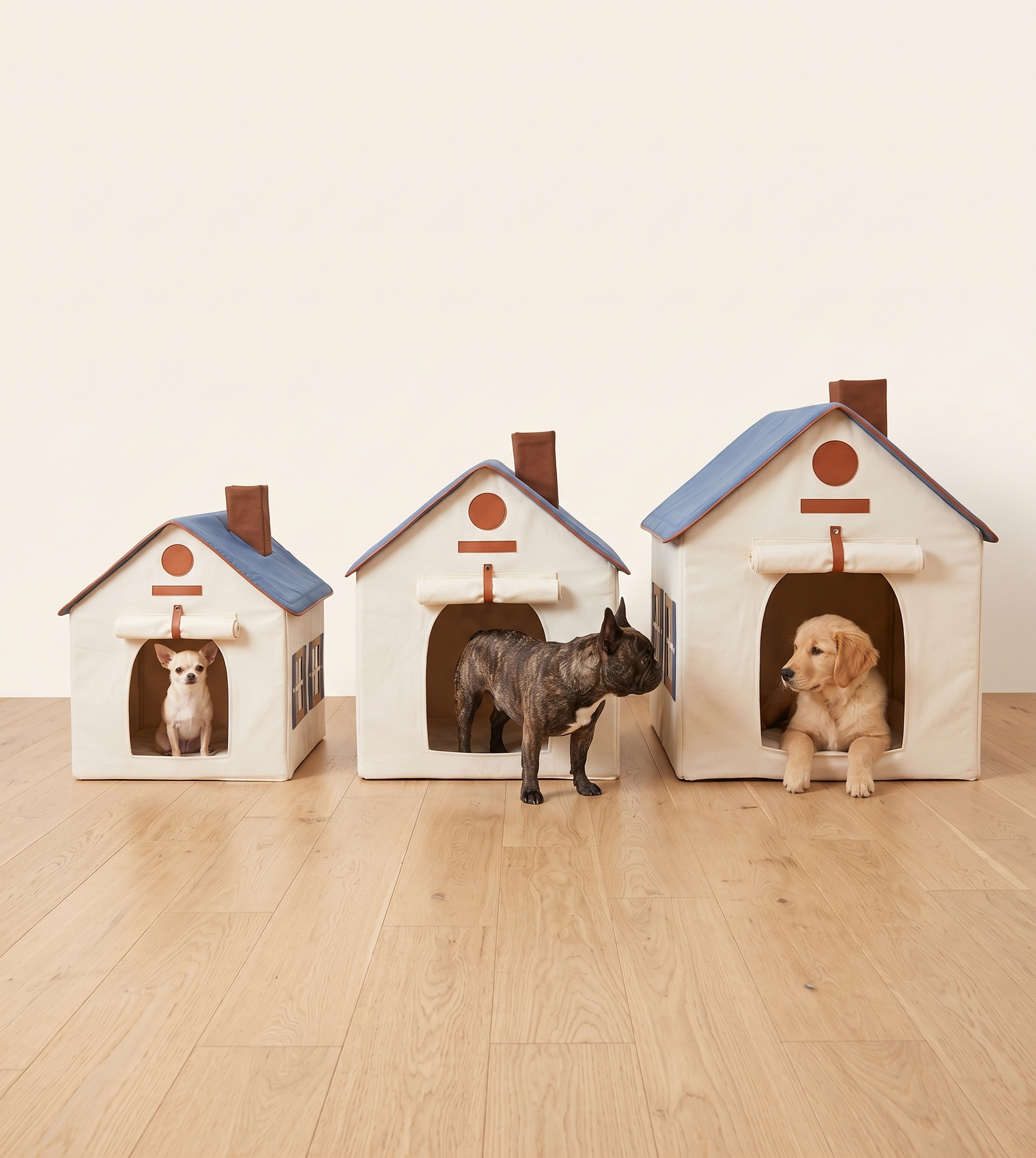 Three doghouses with dogs peeking out on a wooden floor.