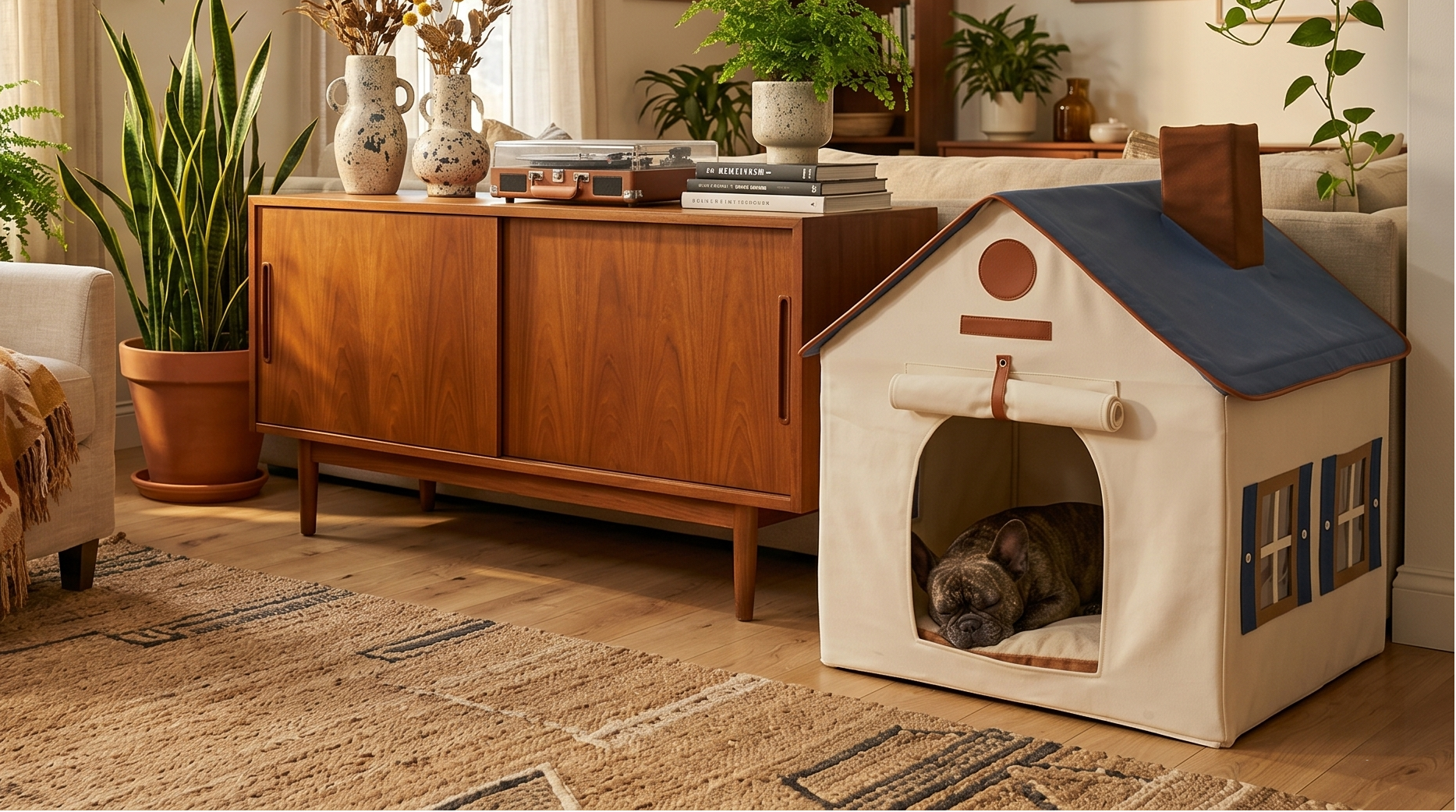 Cozy living room with a dog house, plants, and furniture.