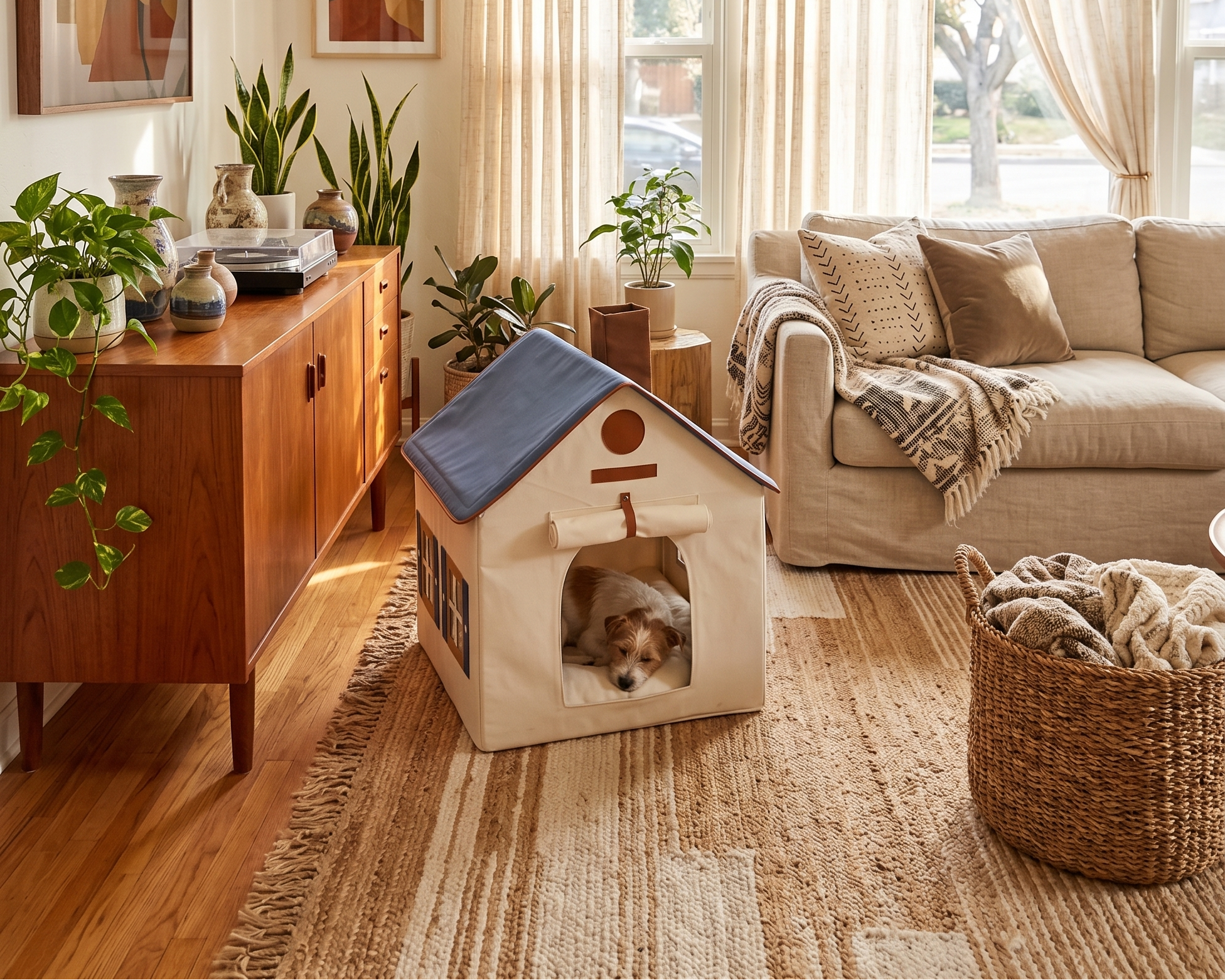 Dog house in a living room with a dog inside, surrounded by furniture and decor.